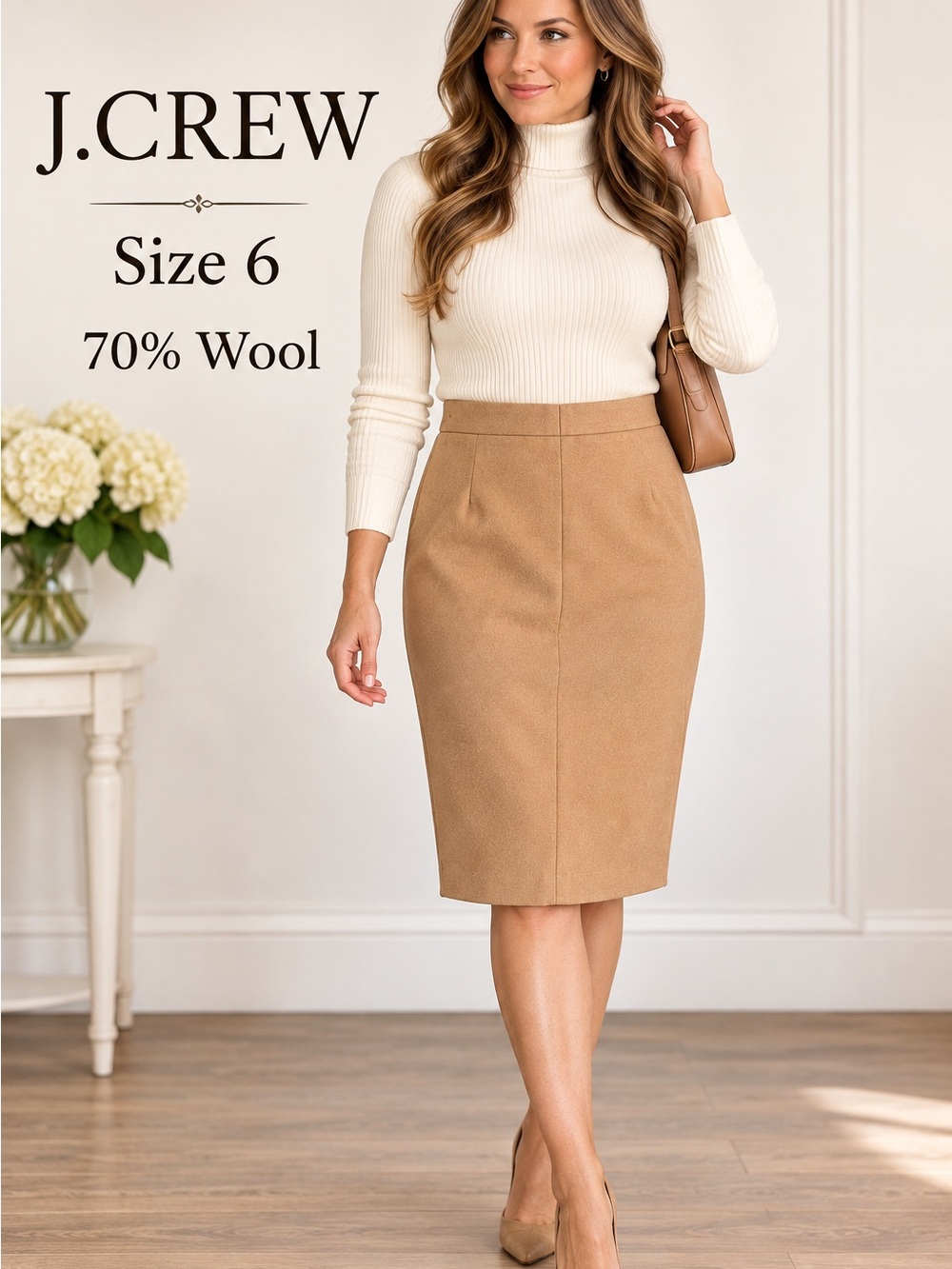 J.Crew The Pencil Skirt Size 6 Camel Tan 70% Wool Lined